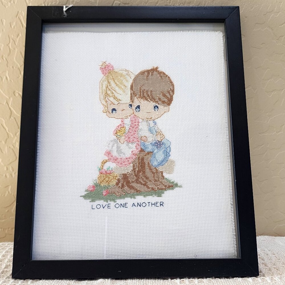 Precious Moments LOVE ONE ANOTHER Boy Girl Handmade Picture Cross-Stitch Framed